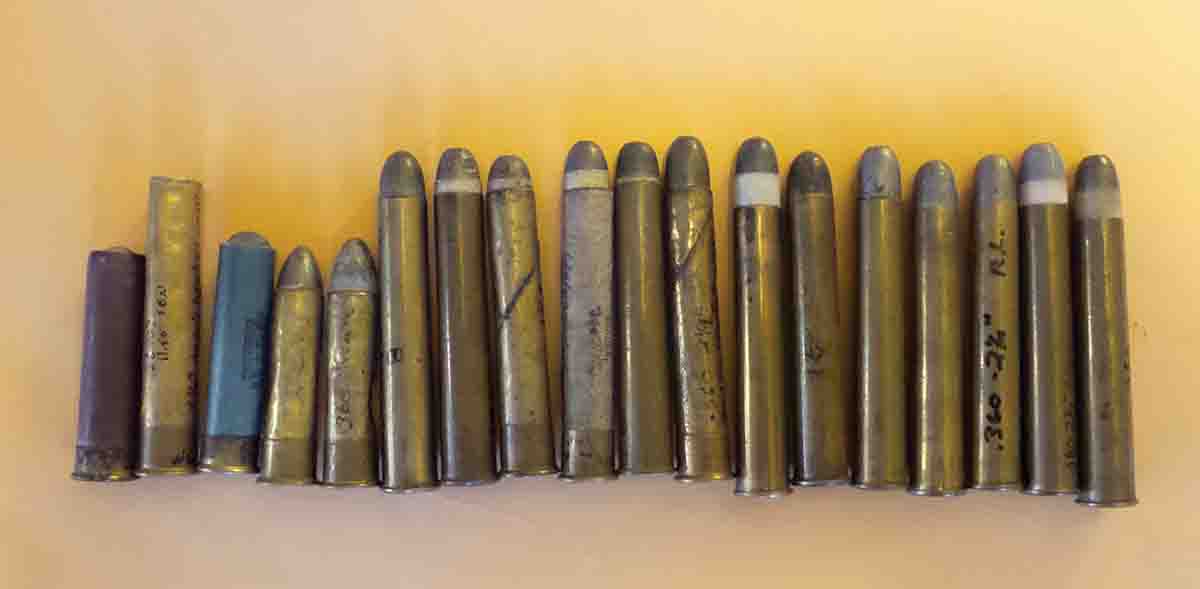 A variety of .360 and .380 black-powder cartridges.